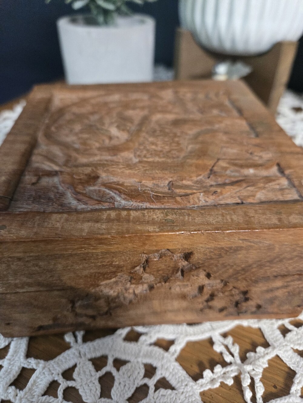 Hand-Carved Indian Wood Trinket Box – Peacock & Floral Design